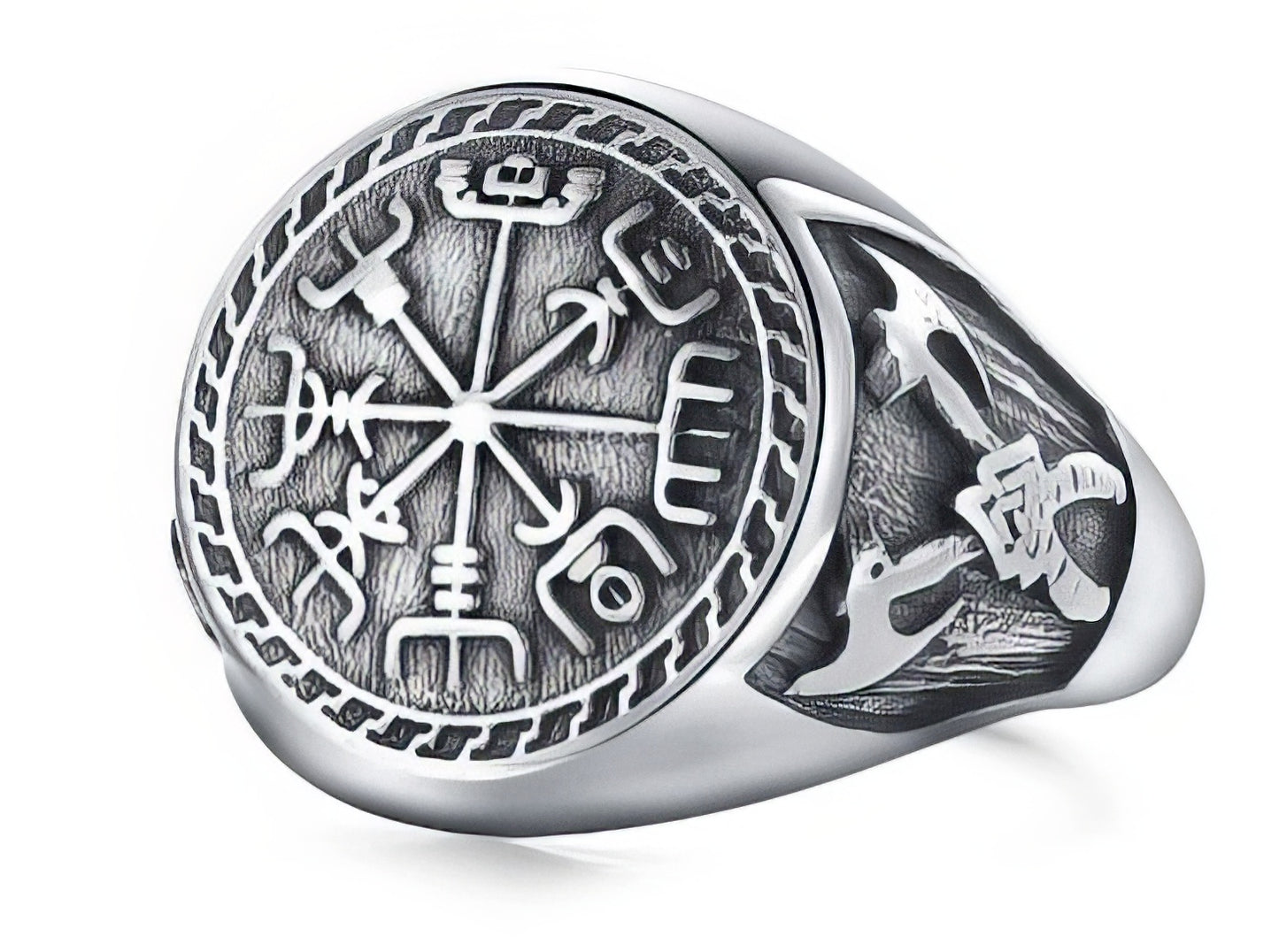 Stainless Steel Nordic Mythological Story Viking Compass Silvery Ring in Silver Size 11