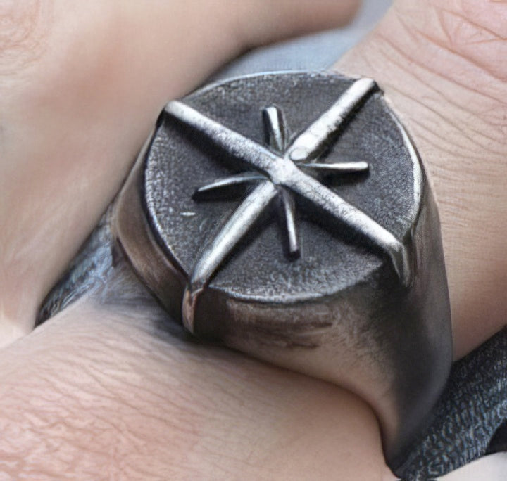 Nordic Stainless Steel Compass Ring in Silver Size 12