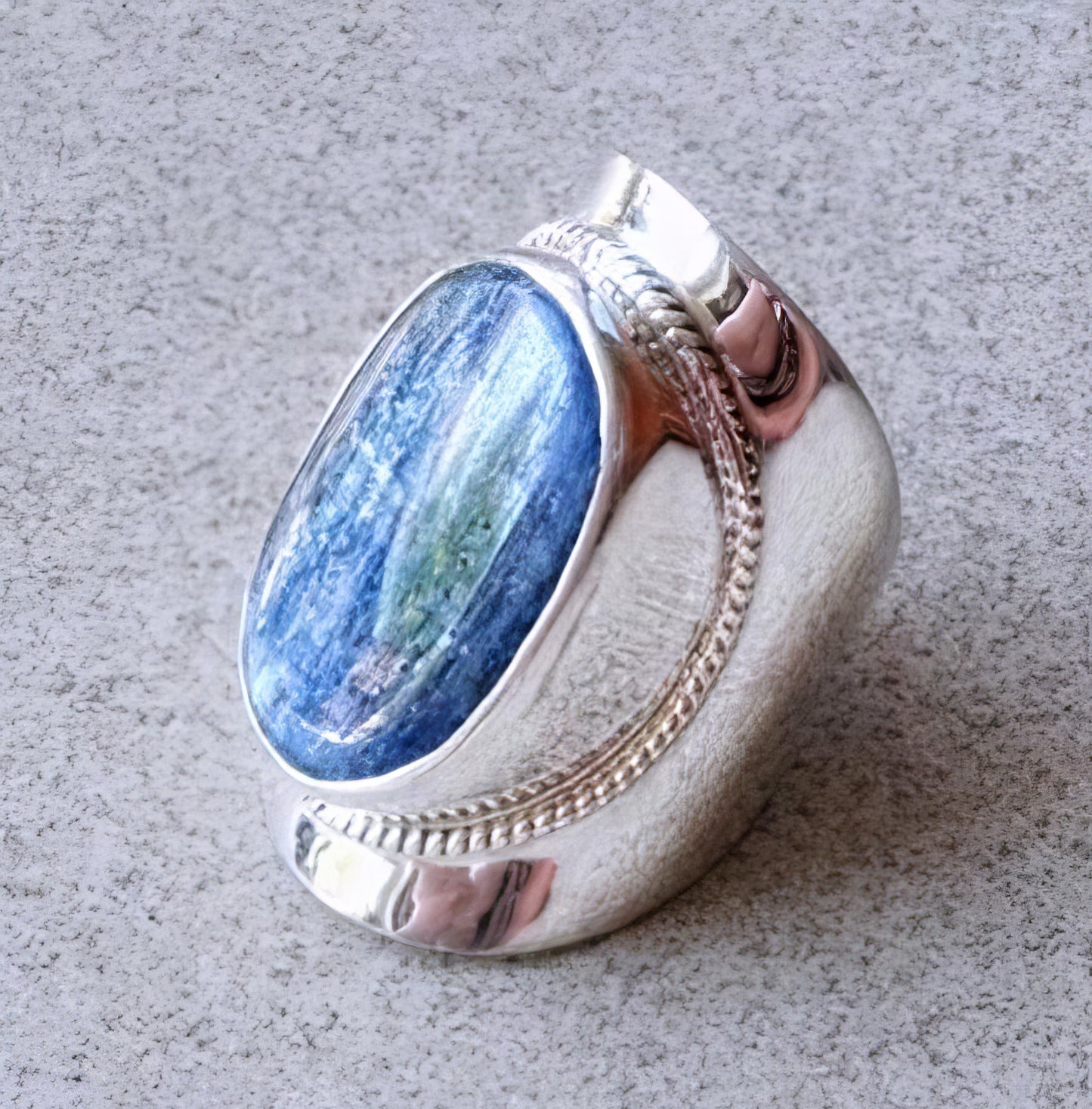 Wide Band Kyanite Boho Ring in Blue and Silver Size 7