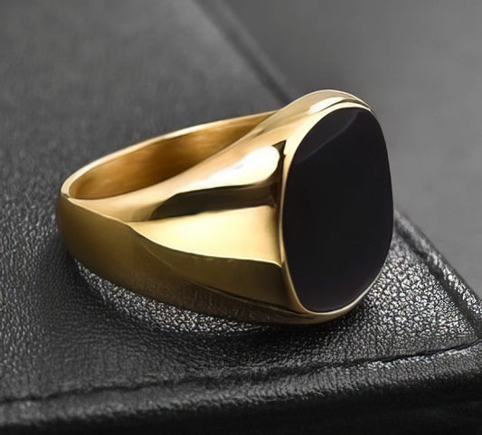 Signet Stainless Steel Ring in Gold and Black Size 10