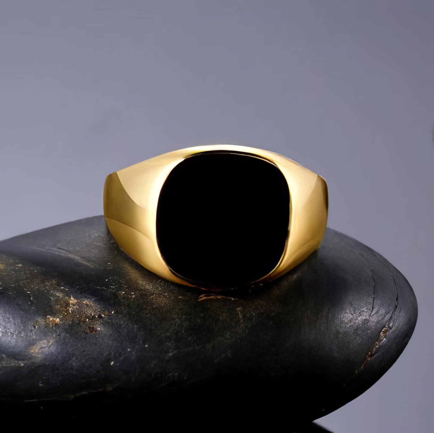 Signet Stainless Steel Ring in Gold and Black Size 8