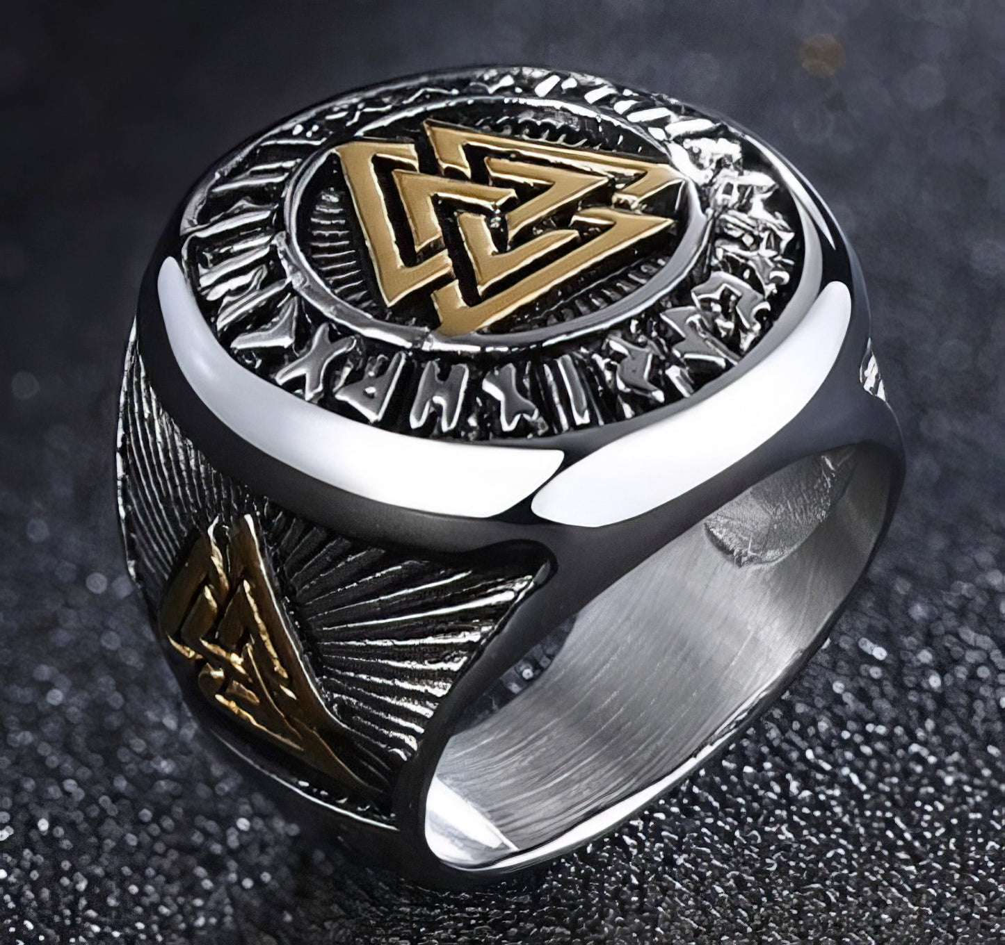 Nordic Viking Engraved Stainless Steel Ring in Silver and Gold Size 12