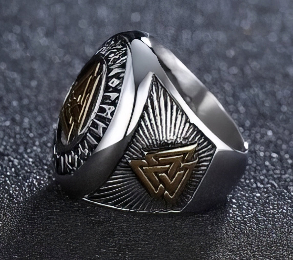 Nordic Viking Engraved Stainless Steel Ring in Silver and Gold Size 12