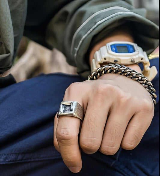 Square Geometric Shaped Stainless Steel Biker Viking Ring in Silver Size 12