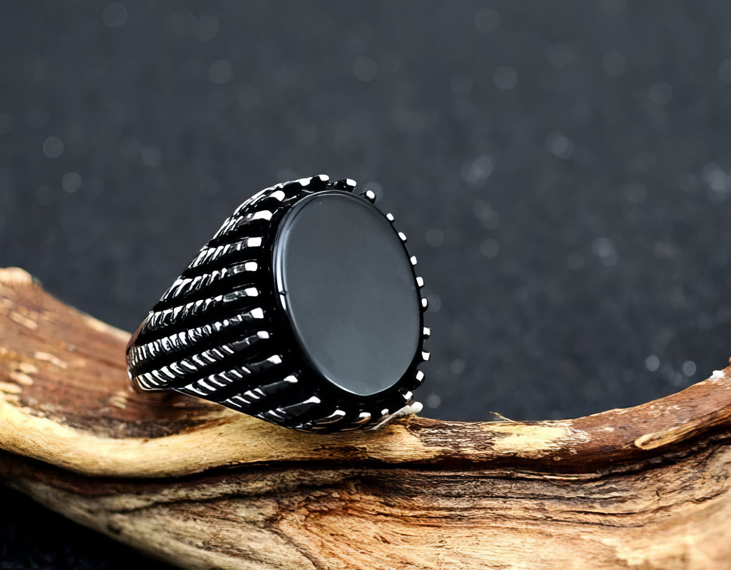 Oval Natural Onyx Stone Ring in Silver and Black Size 11