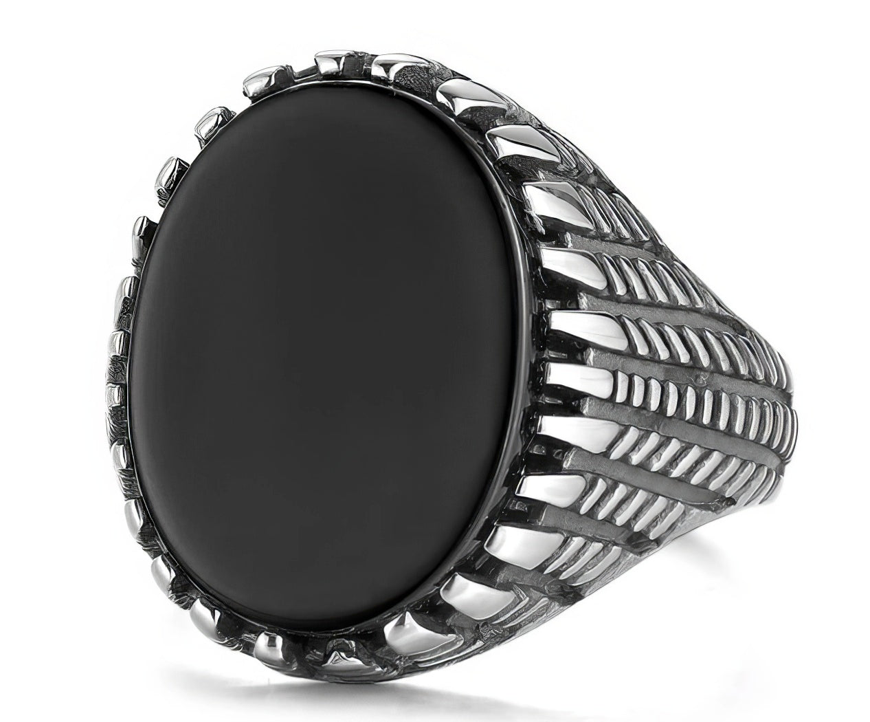 Oval Natural Onyx Stone Ring in Silver and Black Size 11