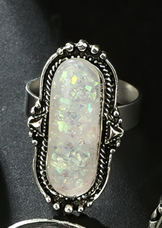 Bohomian Antique Silver Tone Opal Crystal Ring Adj