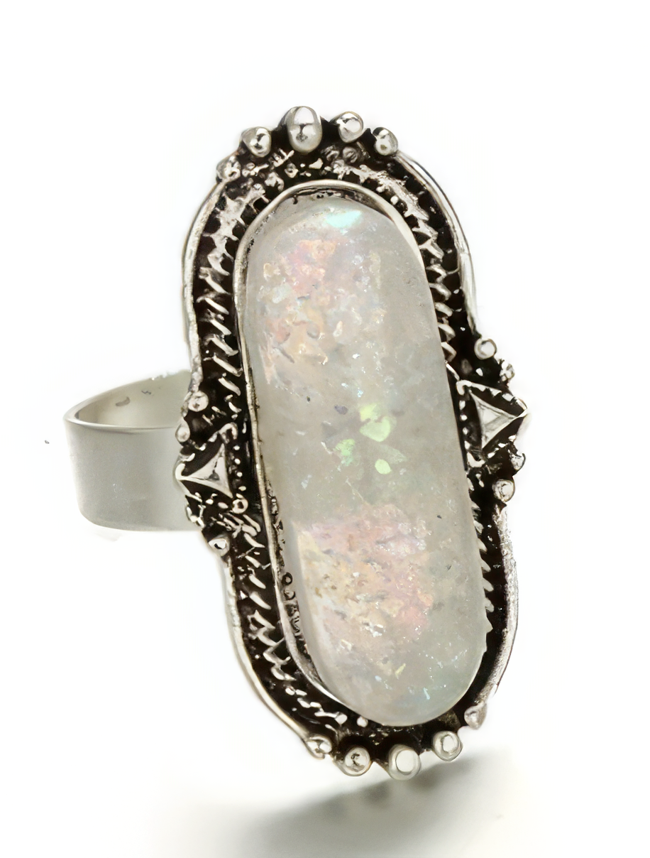 Bohomian Antique Silver Tone Opal Crystal Ring Adj