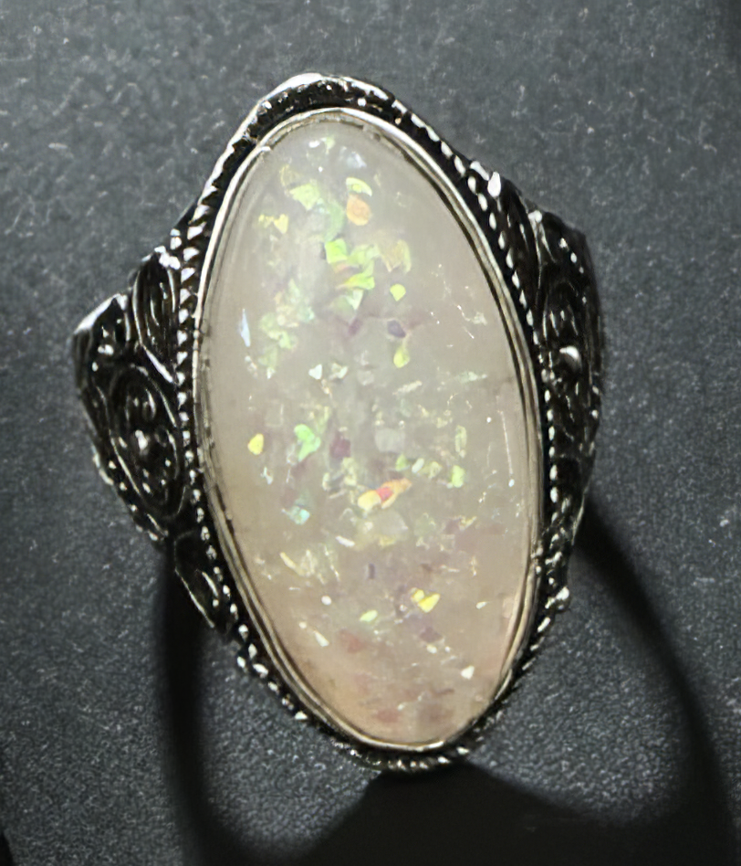 Bohomian Antique Silver Tone Opal Crystal Ring size 8