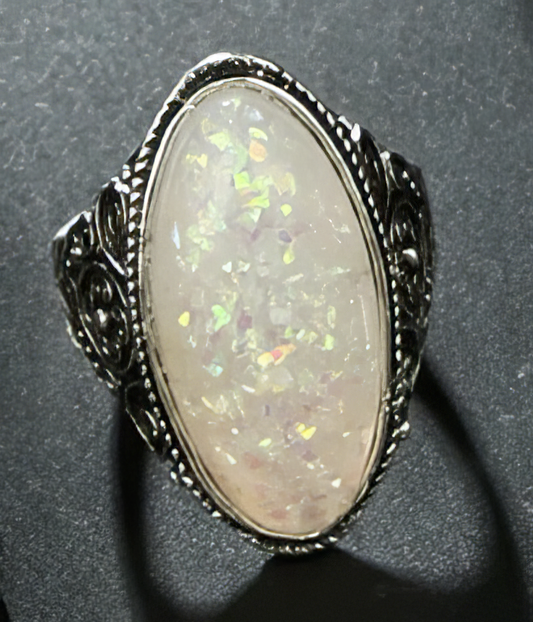 Bohomian Antique Silver Tone Opal Crystal Ring size 8