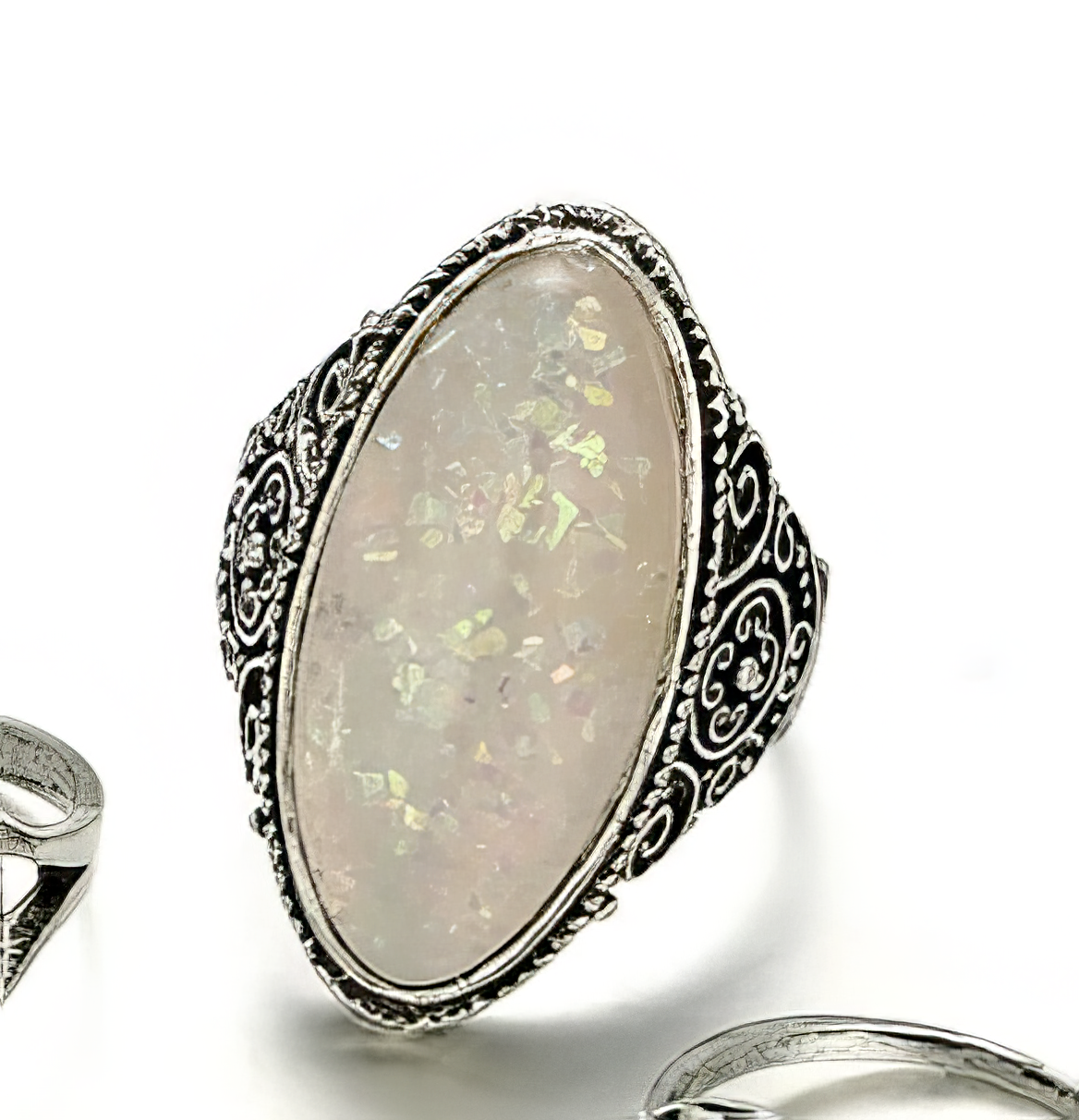 Bohomian Antique Silver Tone Opal Crystal Ring size 8