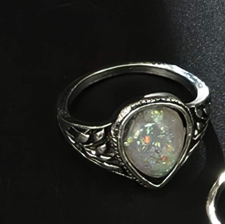 Bohomian Antique Silver Tone Opal Crystal Ring size 7