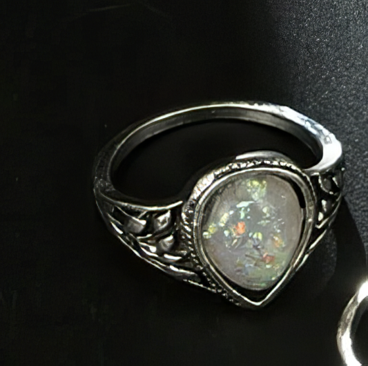 Bohomian Antique Silver Tone Opal Crystal Ring size 7