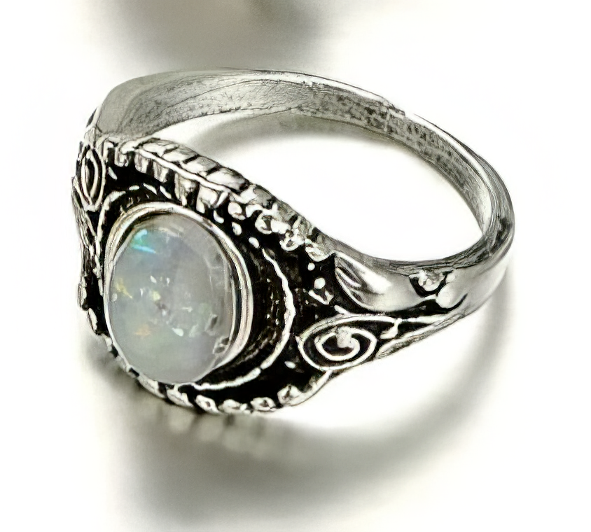 Bohomian Antique Silver Tone Opal Crystal Ring size 6