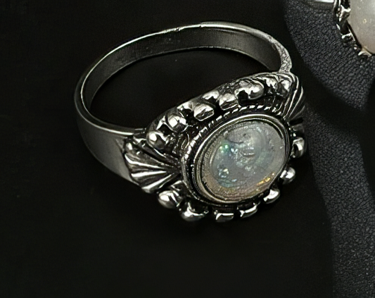 Bohomian Antique Silver Tone Opal Crystal Ring size 5