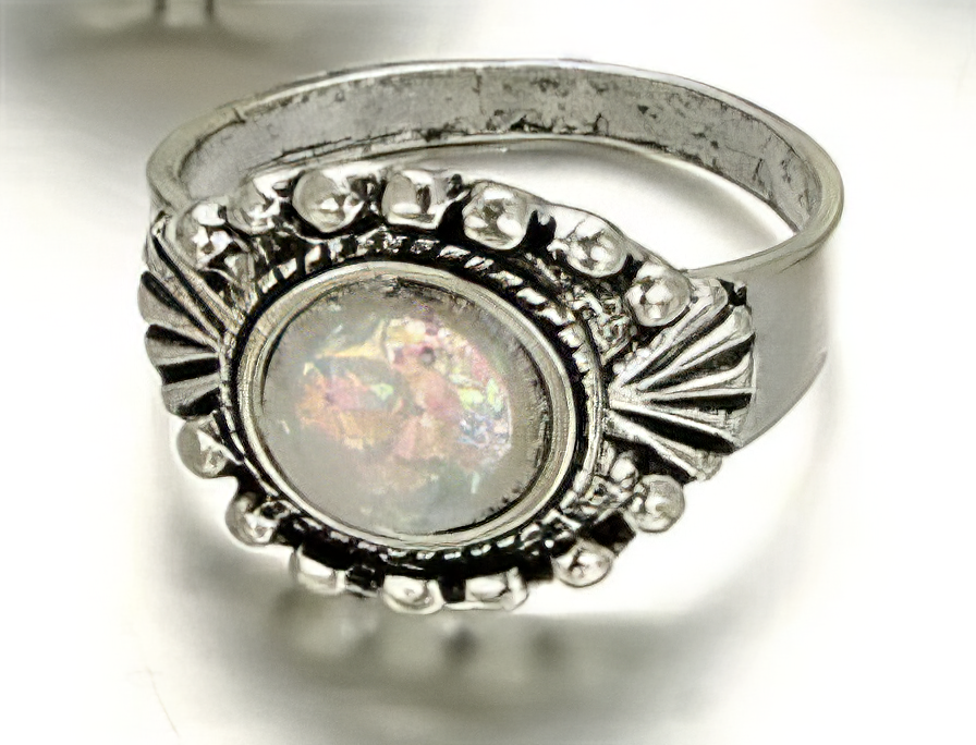 Bohomian Antique Silver Tone Opal Crystal Ring size 5