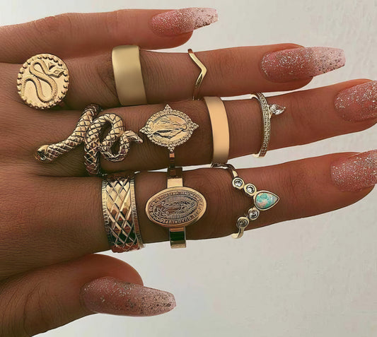 Metal Finger Ring Mixed Set of Ten in Gold Sizes 5-8