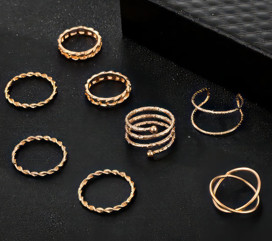 Metal Finger Ring Mixed Set of Eight in Gold Sizes 5-8