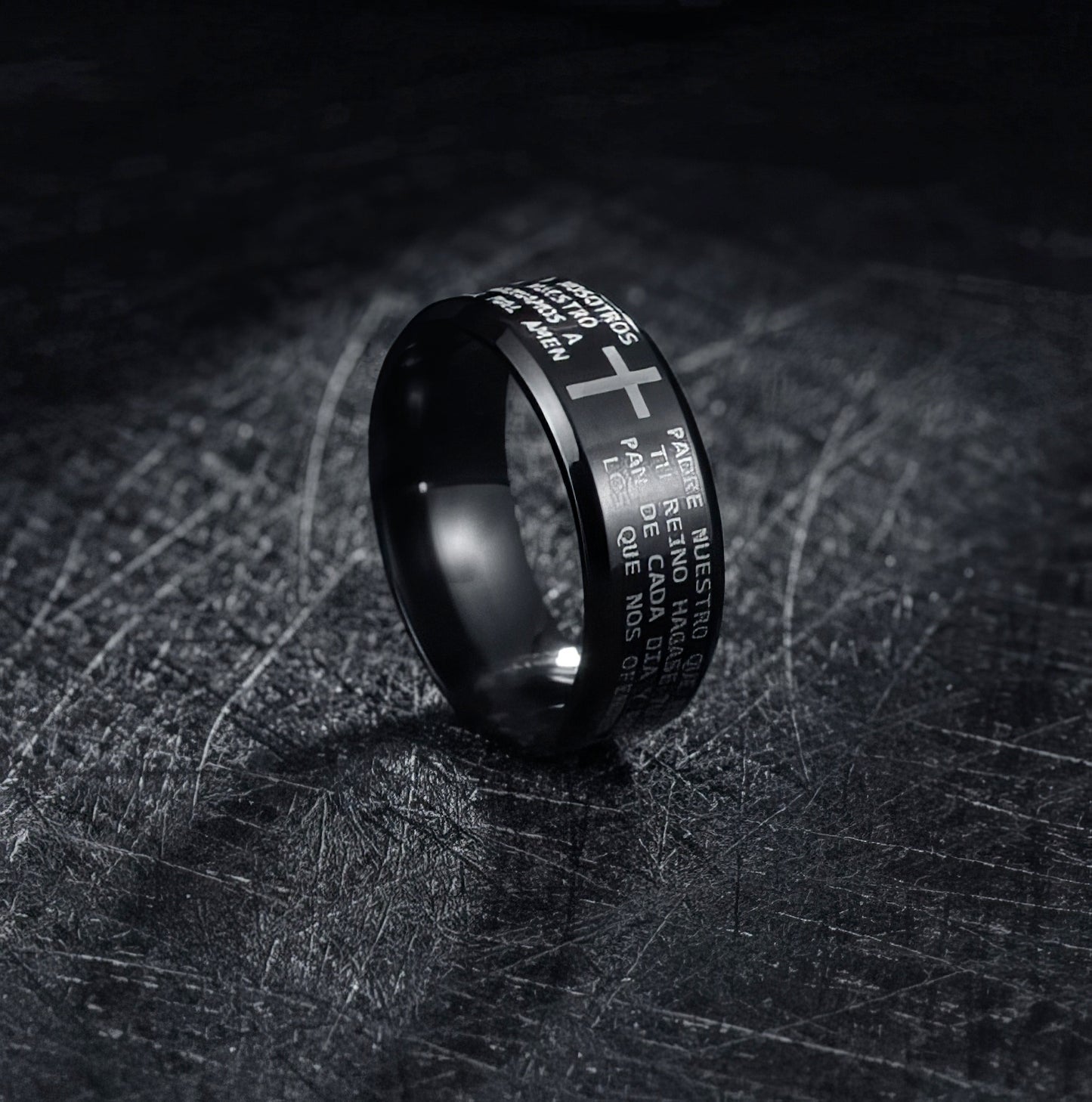 Titanium Steel Bible Verse Cross Ring in Black