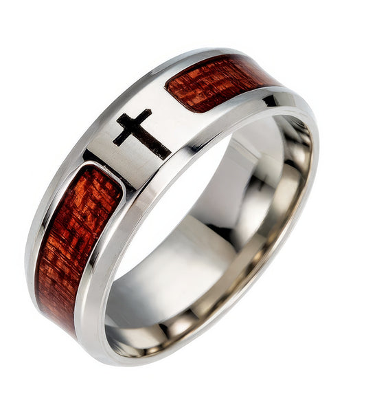 Stainless Steel Engraved Cross Wood Inlay Ring Size 10