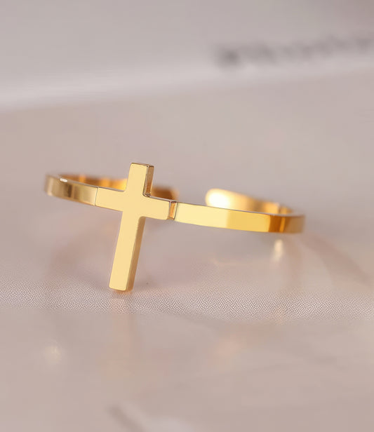 Stainless Steel Cross Adjustable Ring in Gold