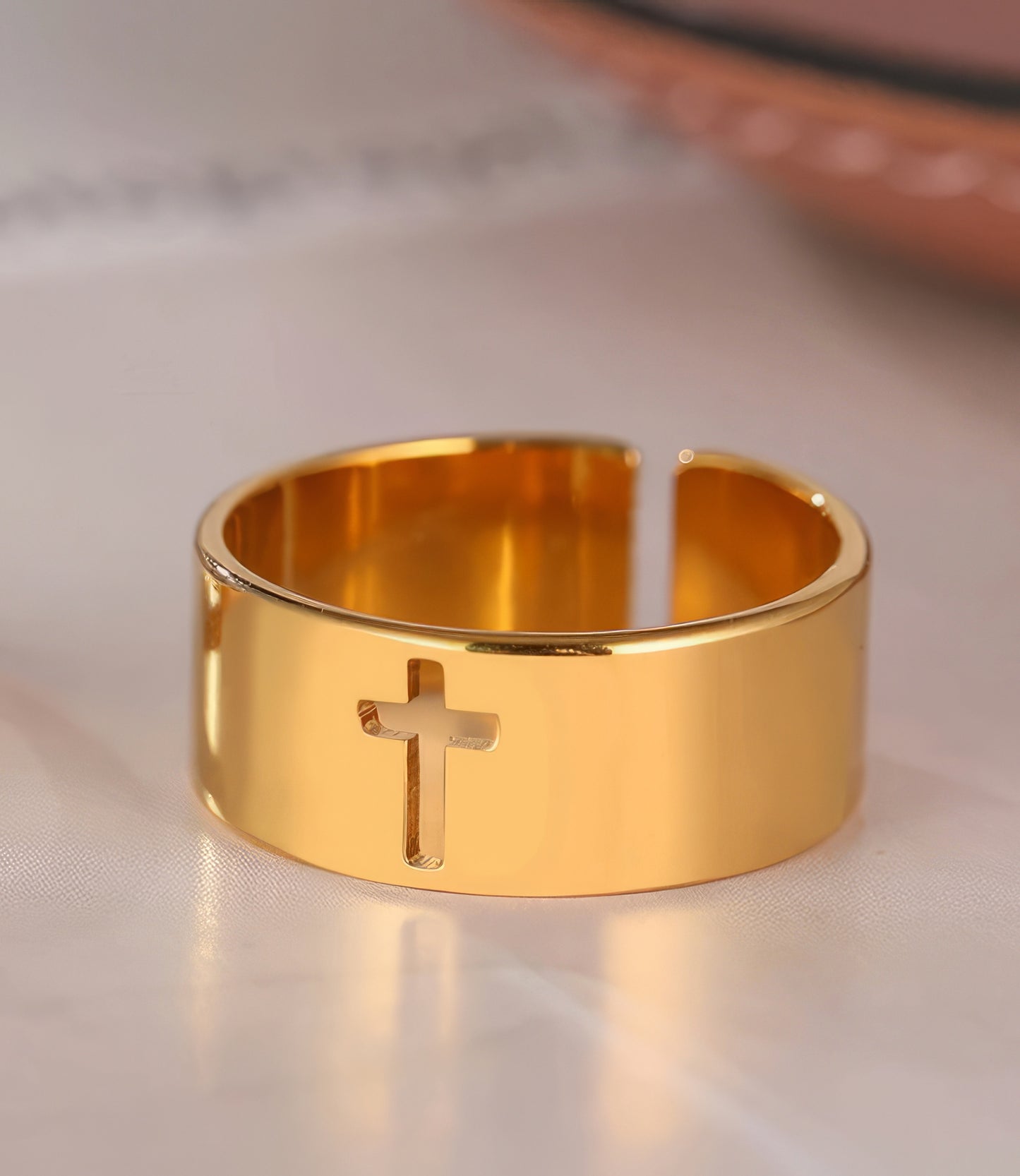 Stainless Steel Hollow Cross Adjustable Ring in Gold