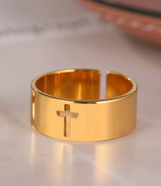 Stainless Steel Hollow Cross Adjustable Ring in Gold