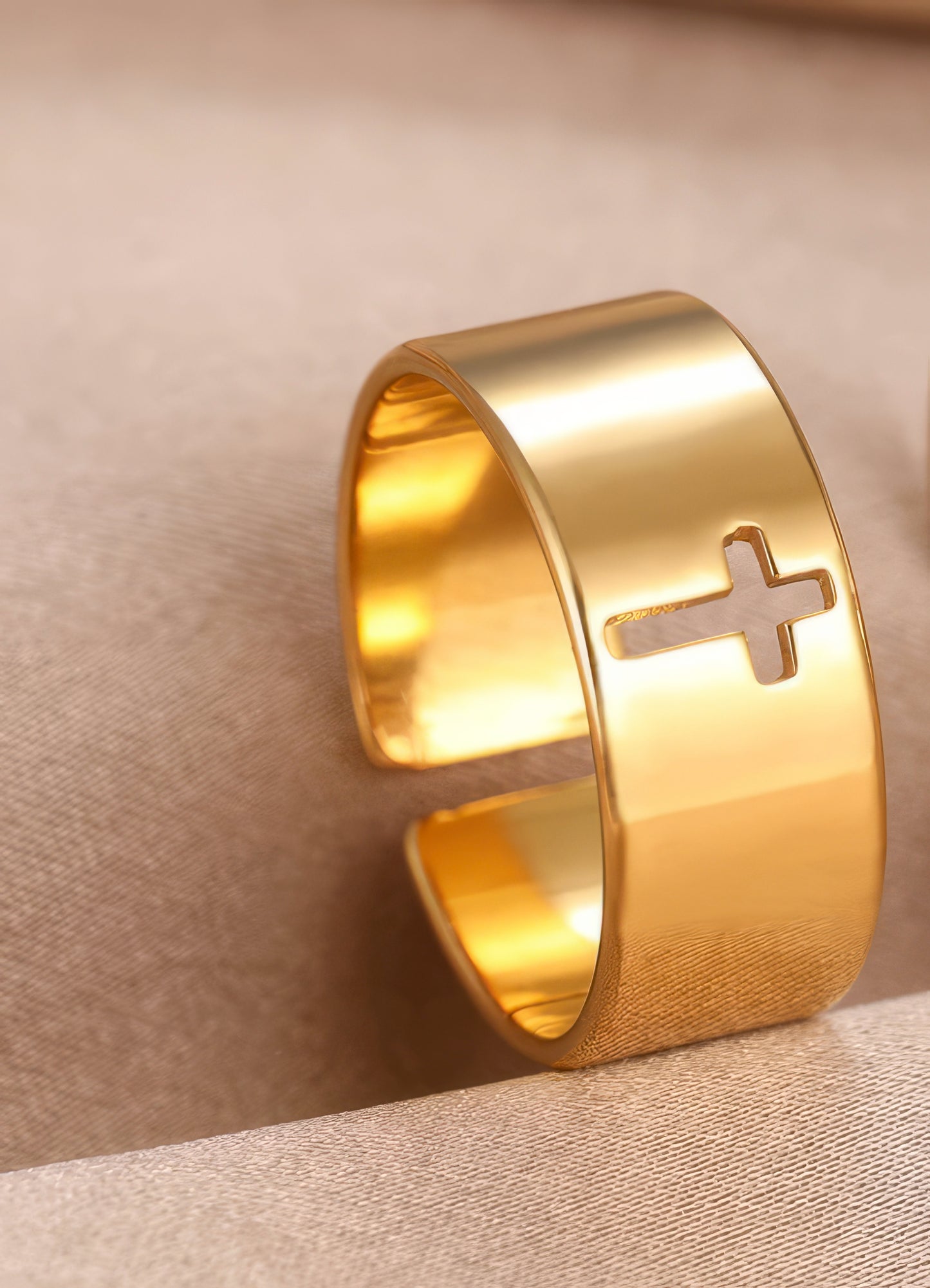 Stainless Steel Hollow Cross Adjustable Ring in Gold