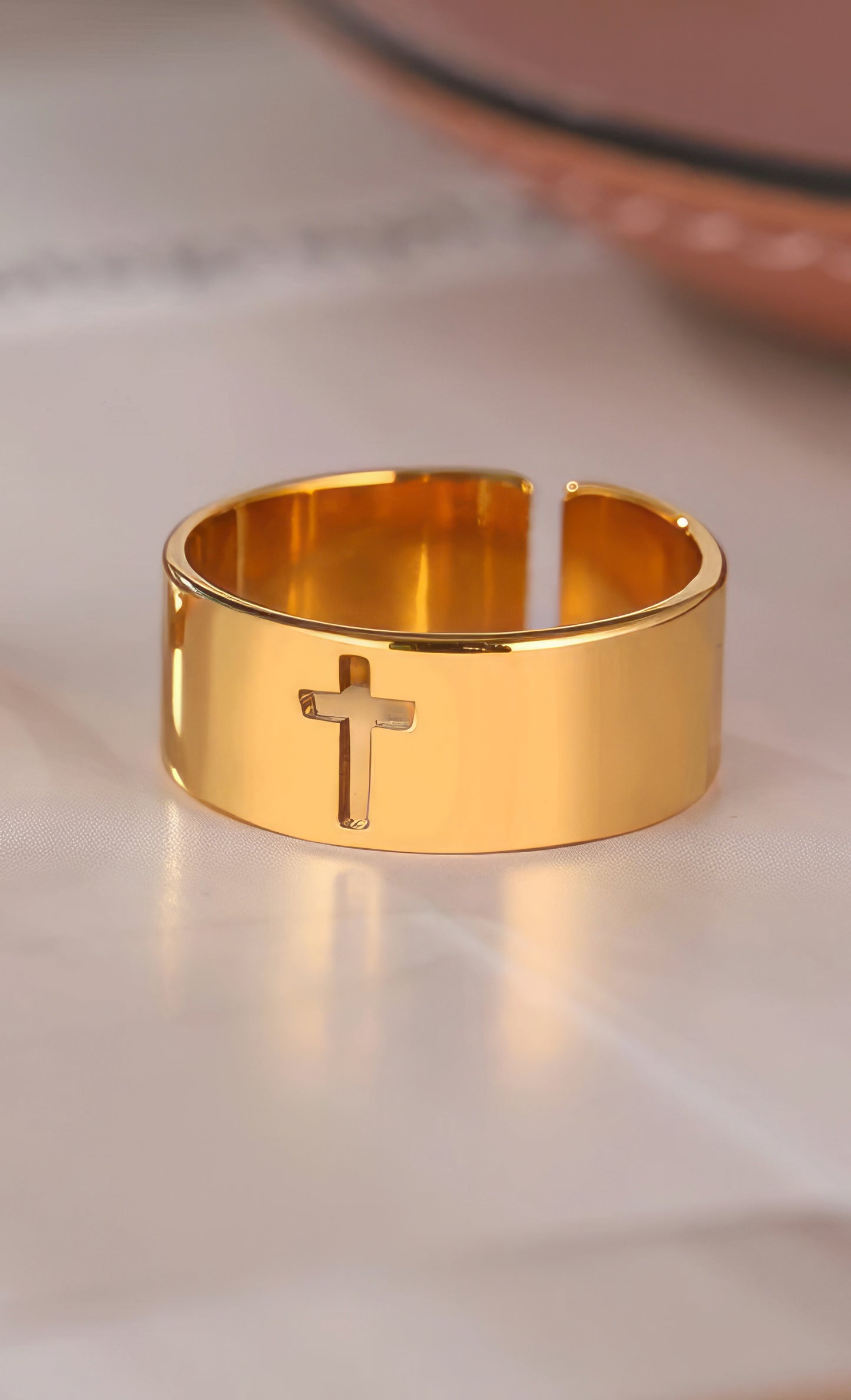 Stainless Steel Hollow Cross Adjustable Ring in Gold