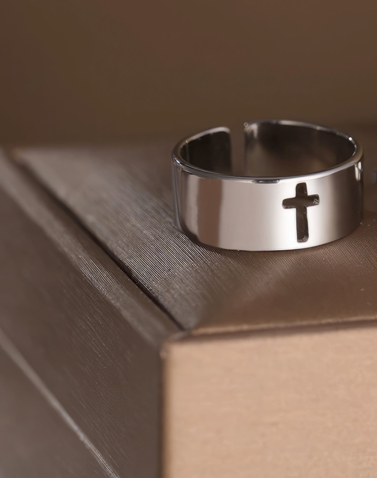 Stainless Steel Hollow Cross Adjustable Ring in Silver