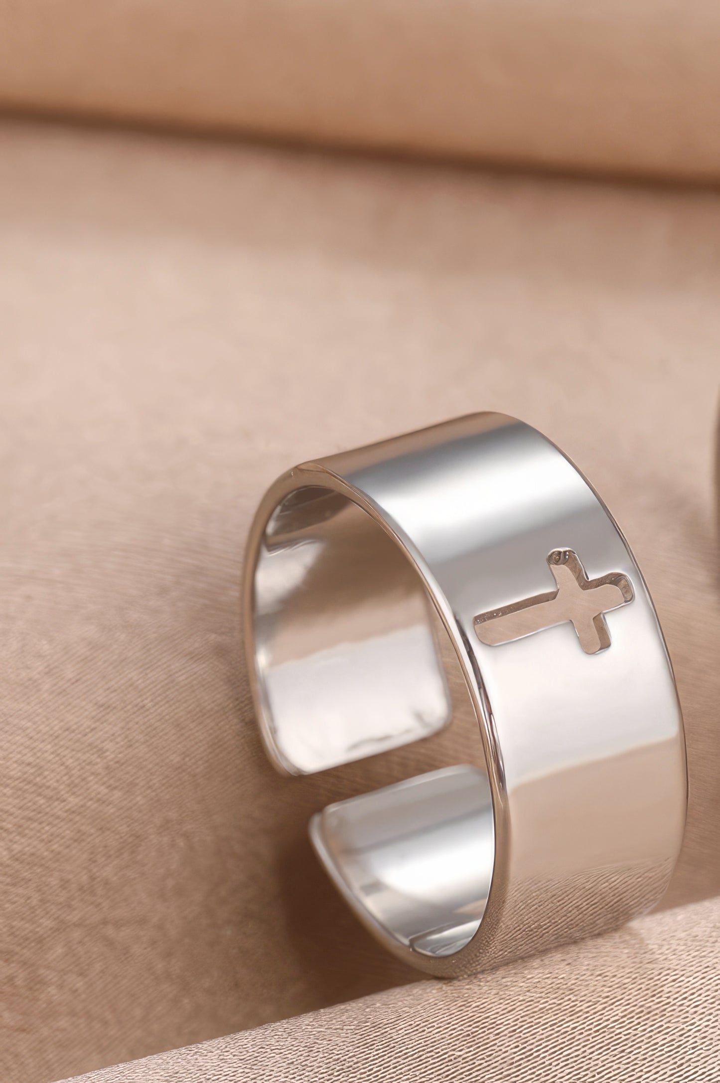 Stainless Steel Hollow Cross Adjustable Ring in Silver