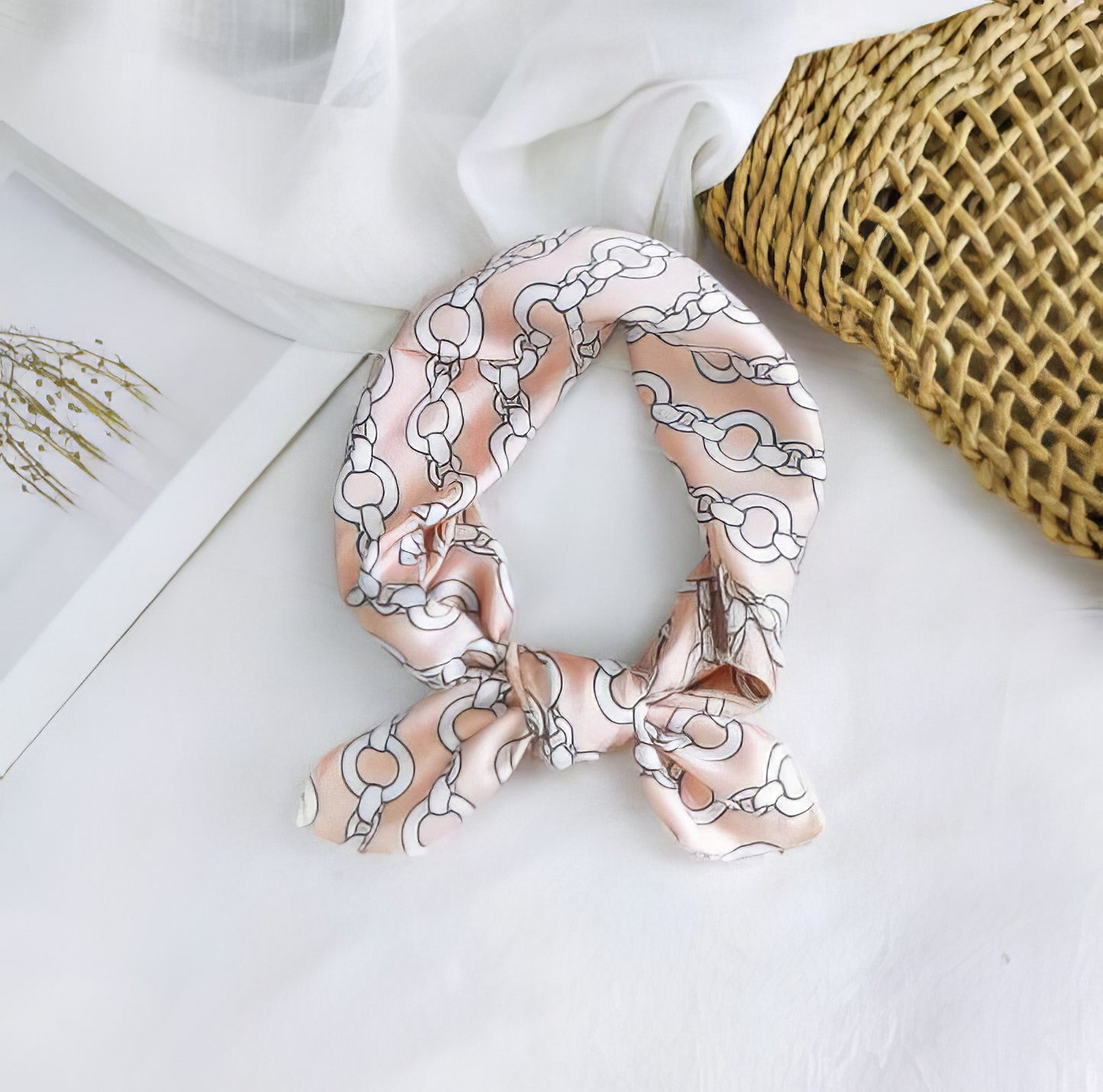 Luxury  silk scarf with Chain print in Blush and White