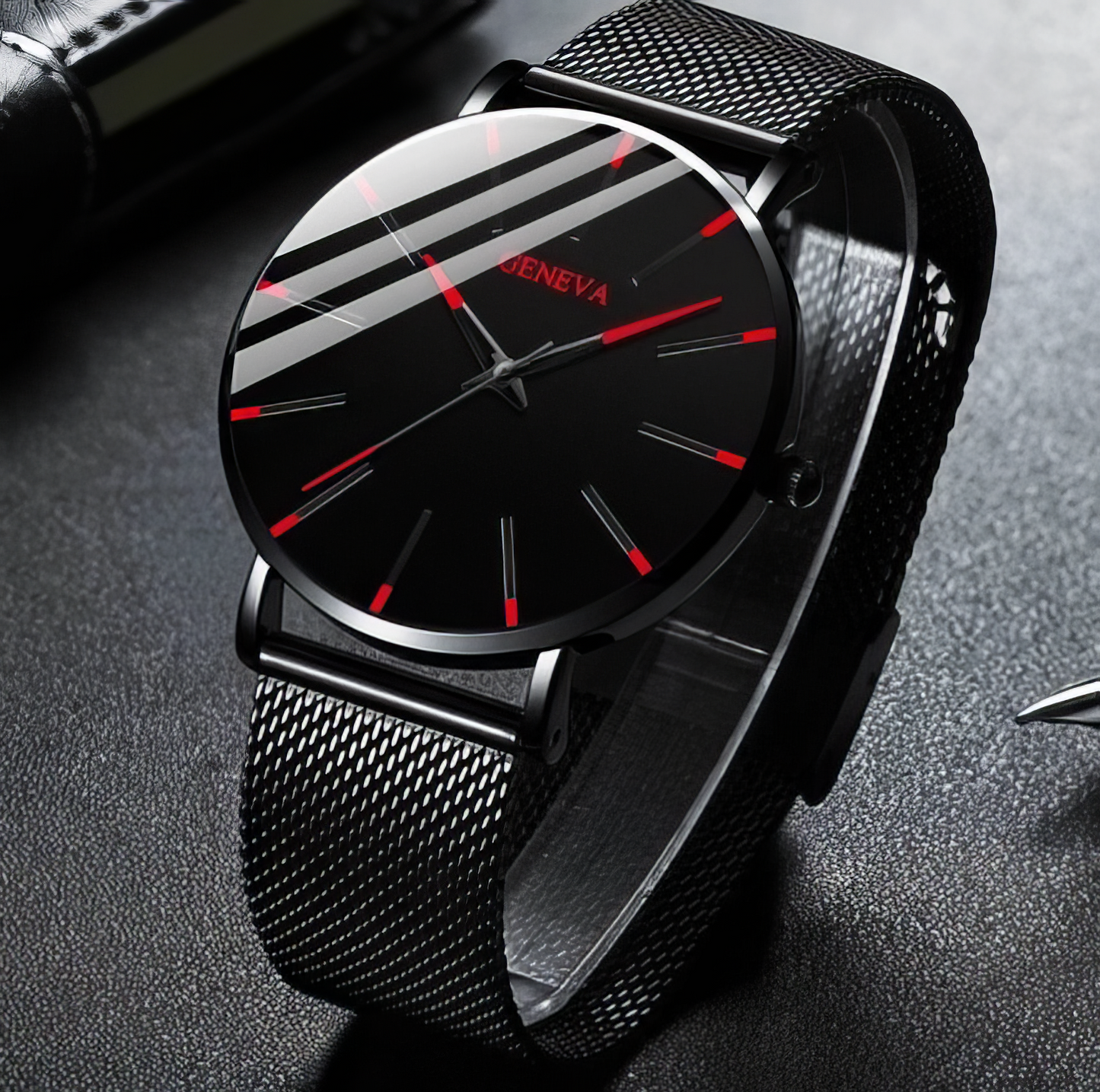 Mens Round Quartz Watch Black Red Face with Black Metal Mesh Band