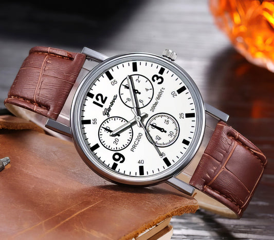 Mens Leather Round Quartz Watch White Face with Black Detail